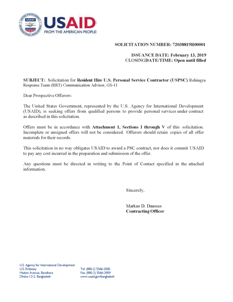 Bangladesh Vacancy Announcement # 72038819R00001 – Rohingya Response Team (RRT) Communication Advisor, USPSC, (Resident Hire), G