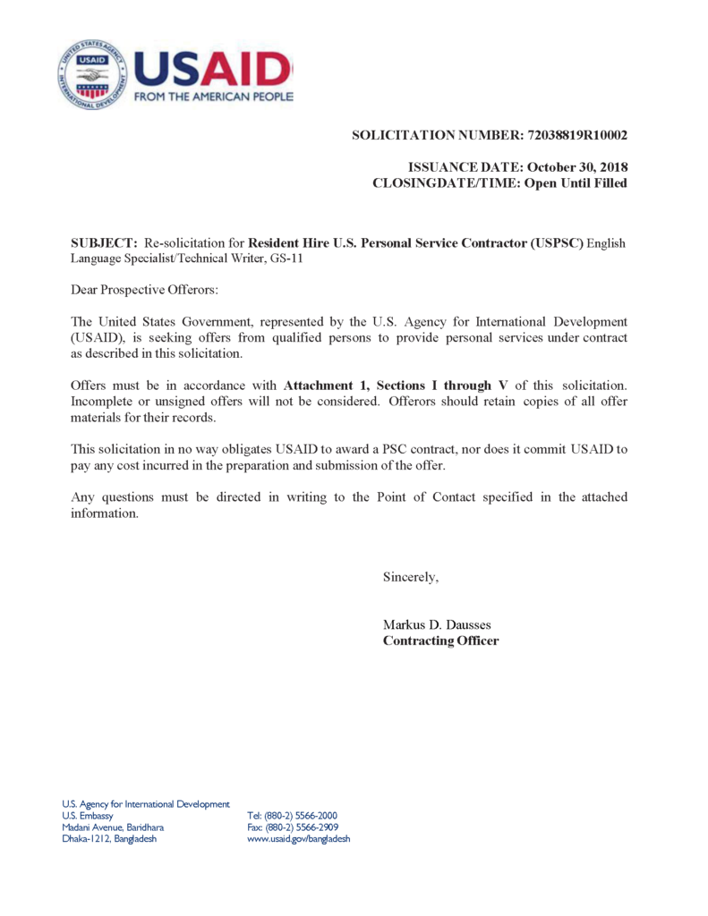 Bangladesh Vacancy Announcement 72038819R10002 – English Language Specialist/Technical Writer, (Resident Hire USPSC) GS-11