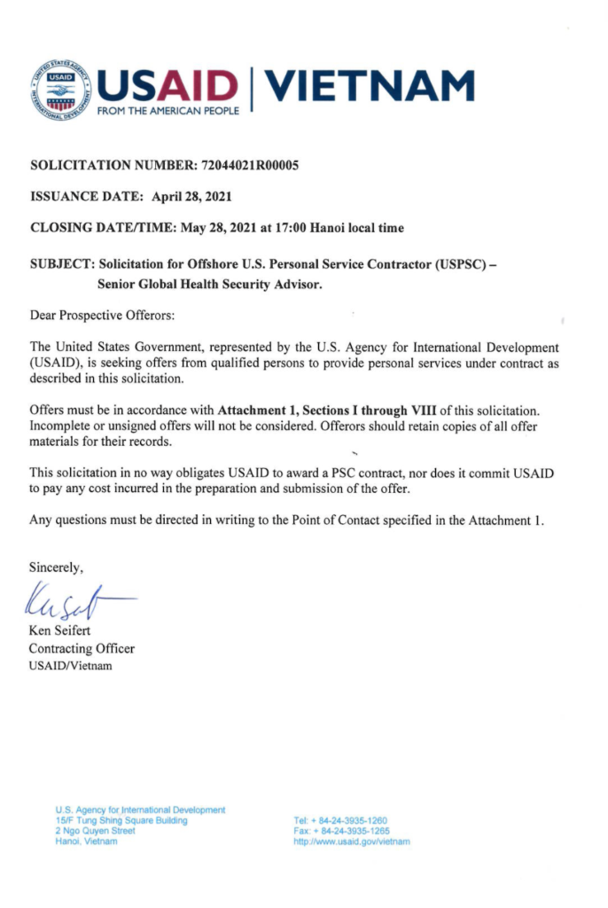 Vacancy Announcement: Offshore-Hire U.S. Personal Services Contractor Senior Global Health Security Advisor