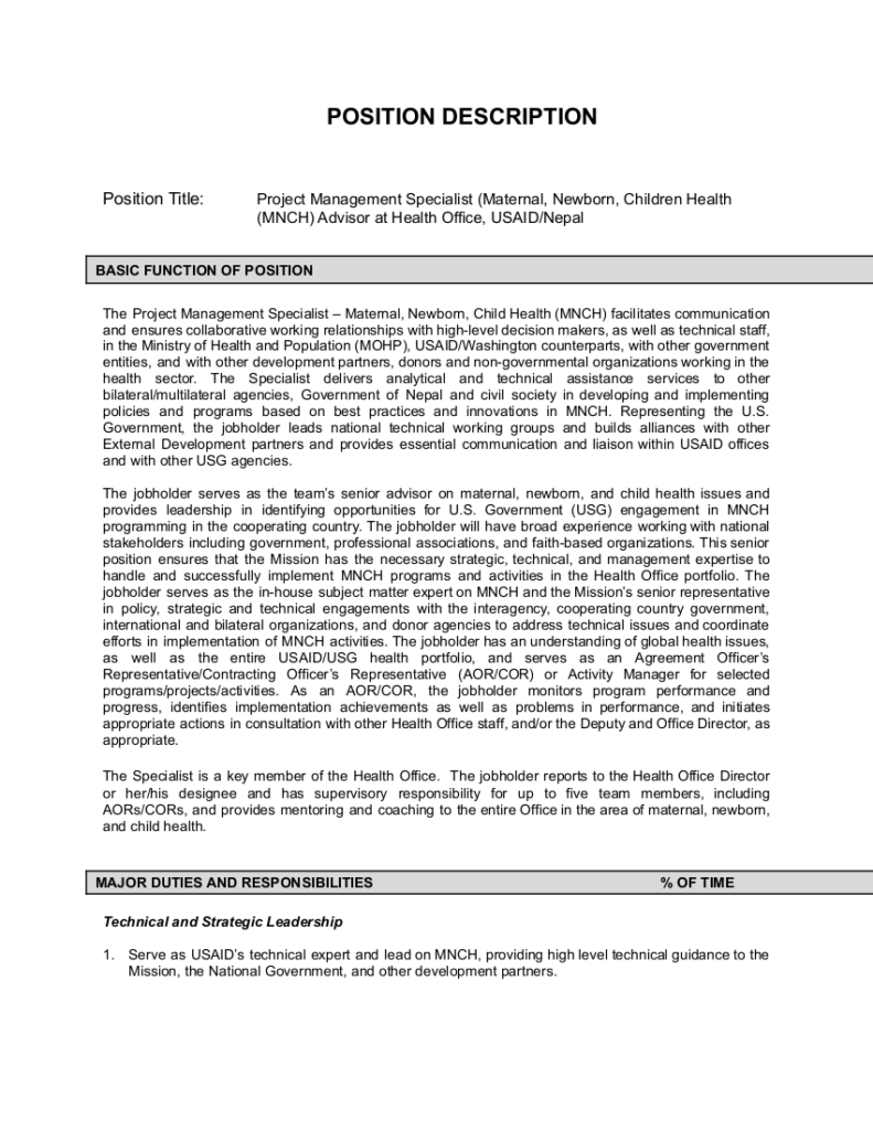 Project Management Specialist (Maternal, Newborn, Children Health (MNCH) Advisor at Health Office, USAID/Nepal