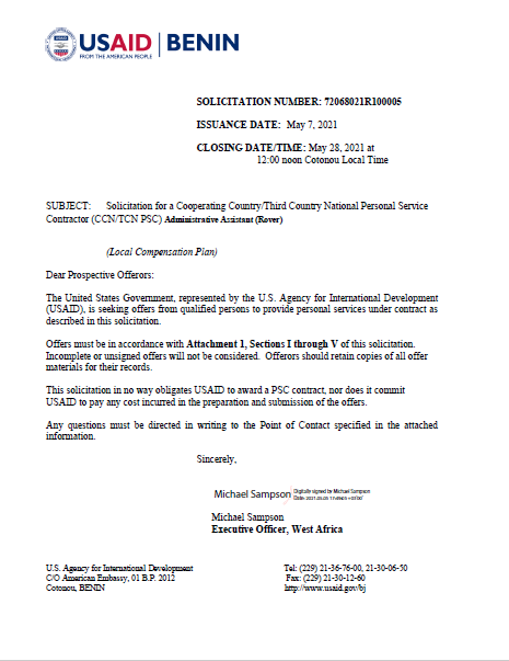 Benin Vacancy Announcement 72068021R100005 - Administrative Assistant (Rover), FSN-7