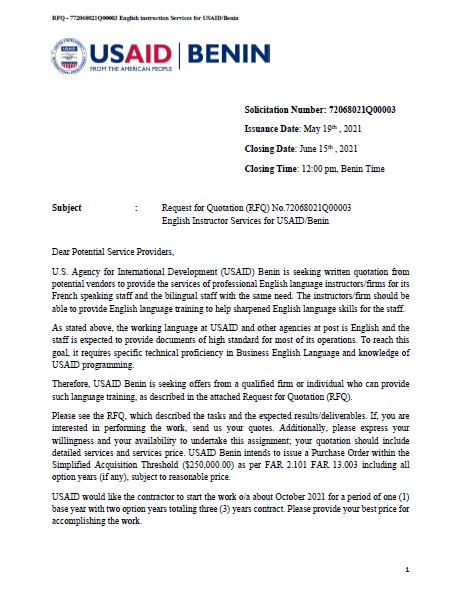 Benin Vacancy Announcement 72068021Q00003 - English Instructor