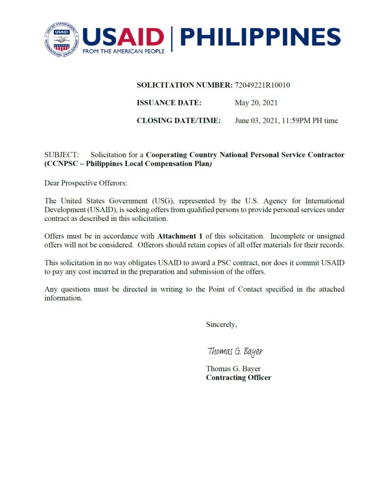 Sol.No. 72049221R10010: Project Management Specialist (Private Sector), FSN-11