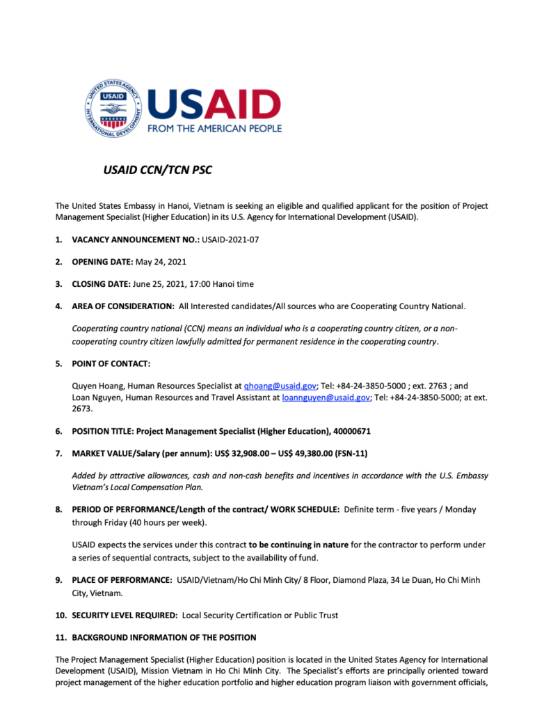 Vacancy Announcement: Project Management Specialist (Higher Education)