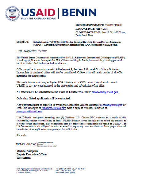 Benin Vacancy Announcement 72068021R00001 - Development Outreach and Communication Specialist, GS-13
