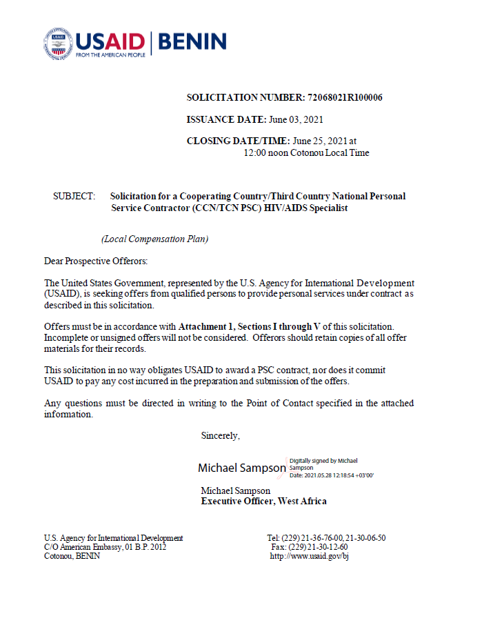 Benin Vacancy Announcement - 72068021R100006 - HIV/AIDS Specialist, FSN-11