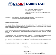 No. 29 2021 Solicitation for Personal Services Contractor (PSC), Communications Specialist, USAID/Tajikistan