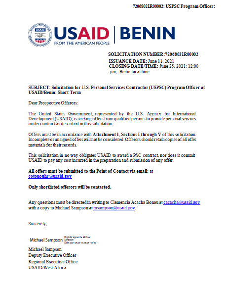Benin Vacancy Announcement - 72068021R00002 - Program Officer (Temporary), GS-14