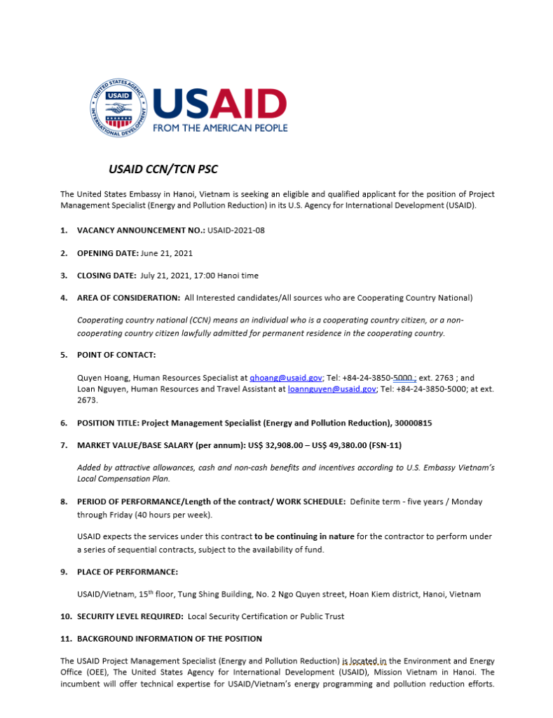 Vacancy Announcement: Project Management Specialist (Energy and Pollution Reduction)