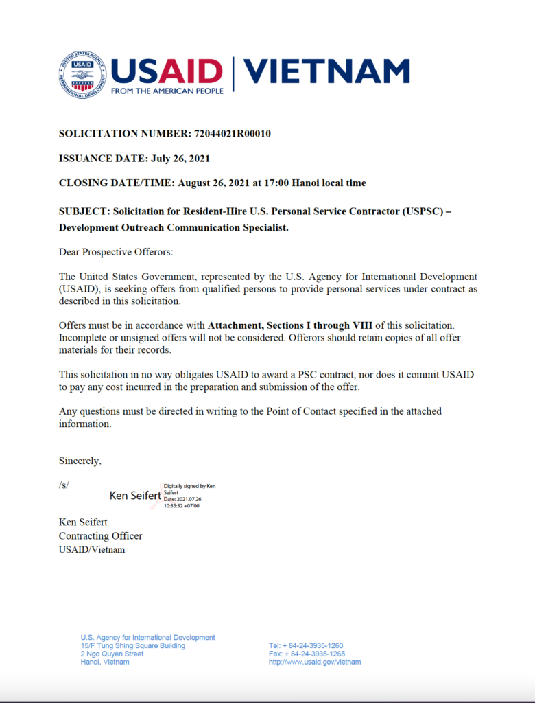 Solicitation for Resident-Hire U.S. Personal Service Contractor (USPSC) – Development Outreach Communication Specialist