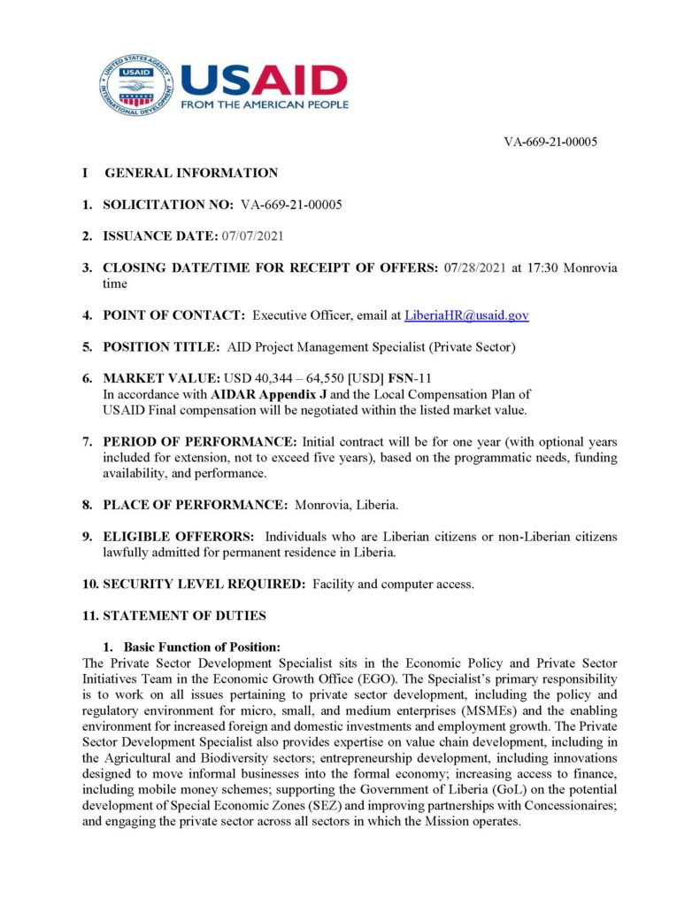 AID Project Management Specialist (Private Sector)