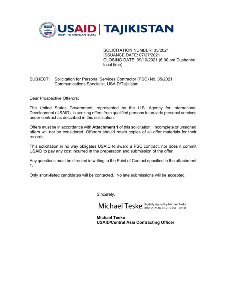 No. 35/2021 Solicitation for Personal Services Contractor Communications Specialist