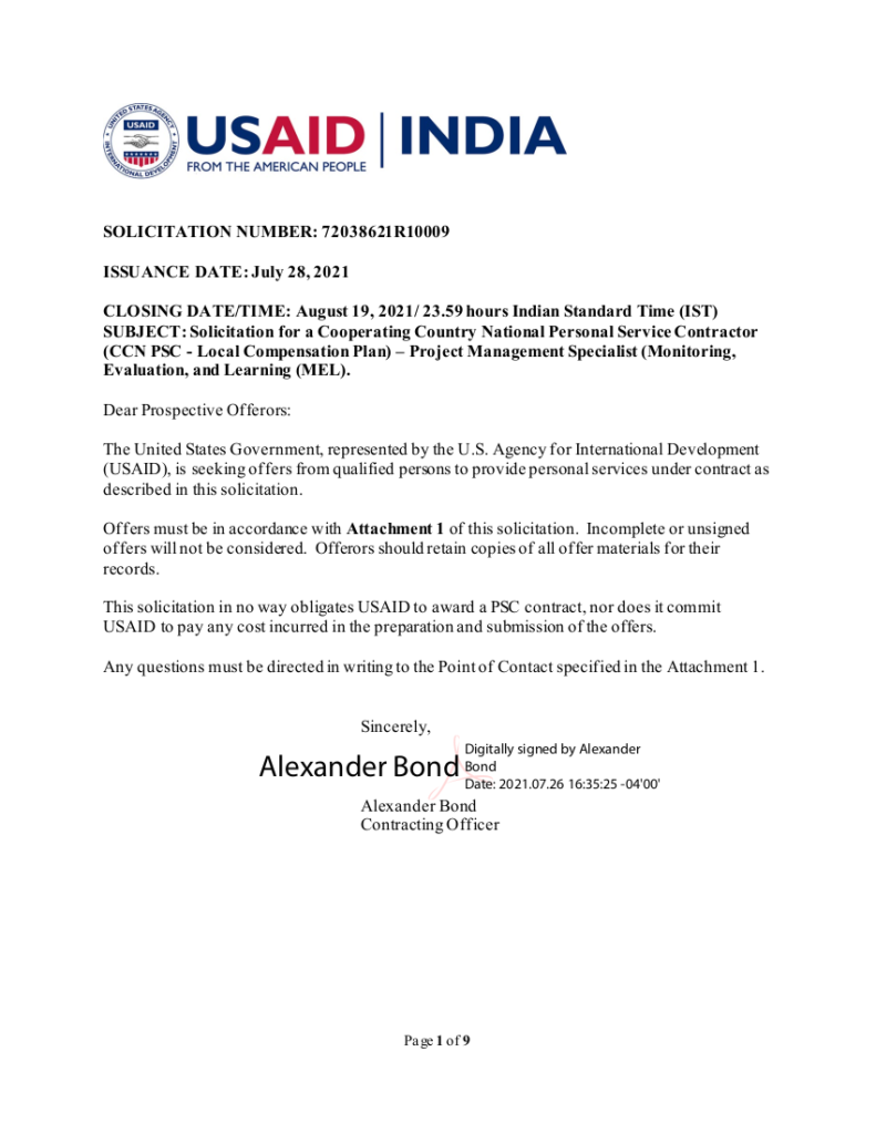 Vacancy Announcement - Project Management Specialist (Monitoring, Evaluation and Learning), FSN-11, Health Office