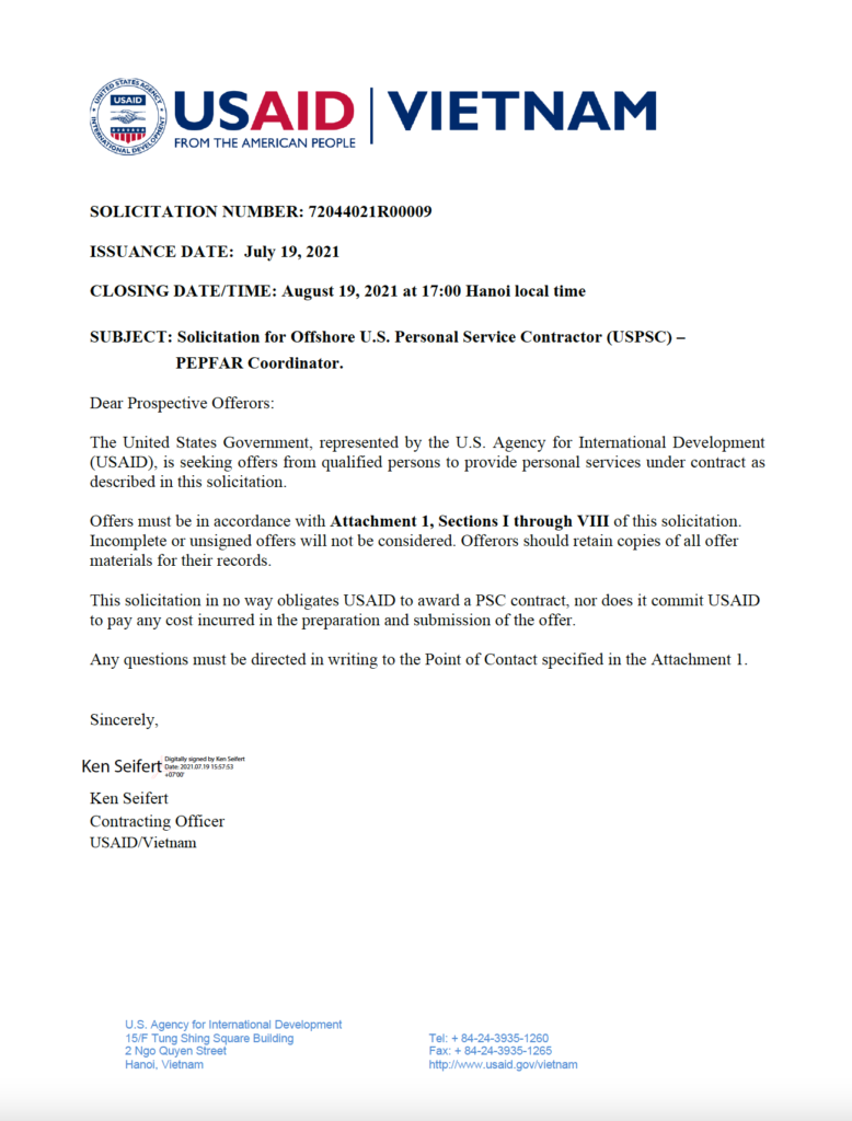 Solicitation for Offshore U.S. Personal Service Contractor (USPSC) –  PEPFAR Coordinator.