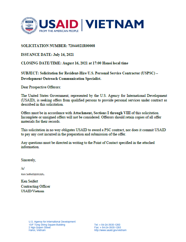 Solicitation for Resident-Hire U.S. Personal Service Contractor (USPSC) – Development Outreach Communication Specialist