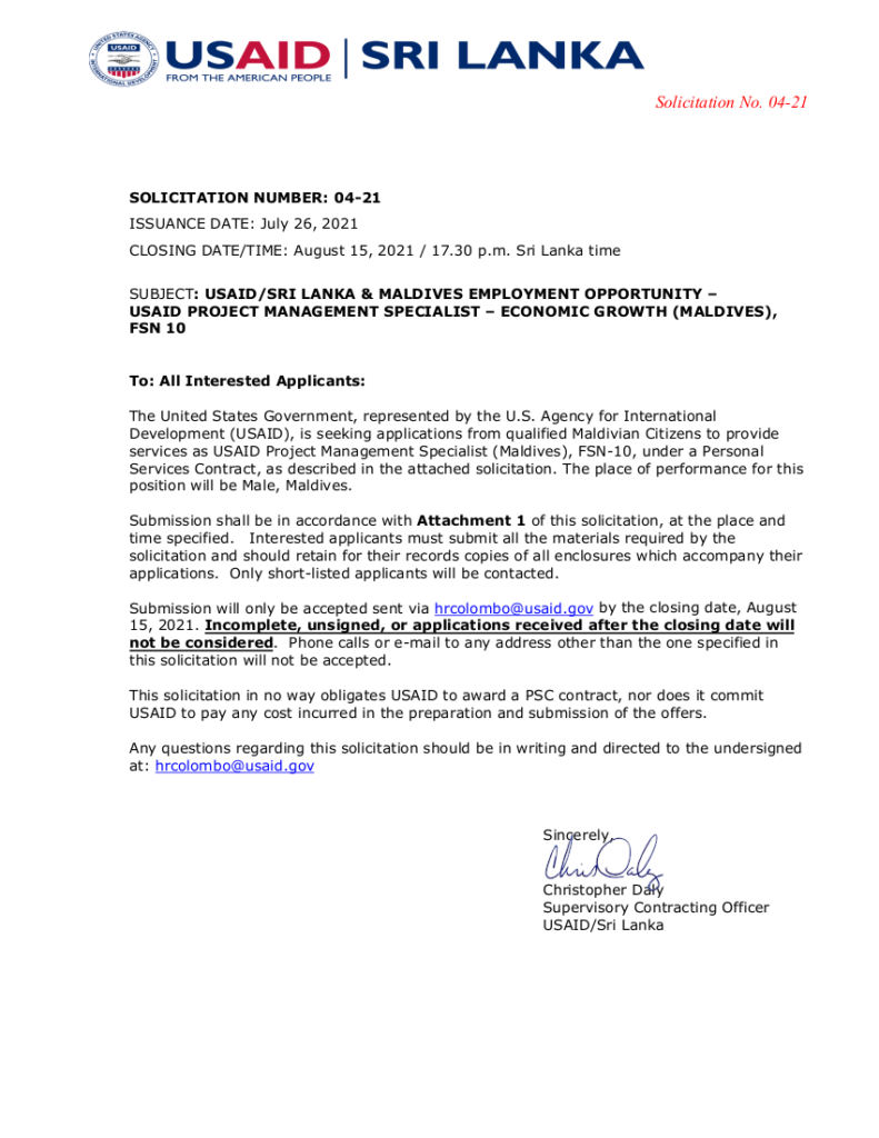 USAID Project Management Specialist - Economic Growth (Maldives) FSN 10