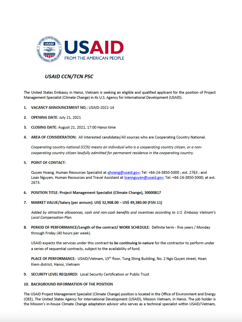 Vacancy Announcement: Project Management Specialist (Climate Change)