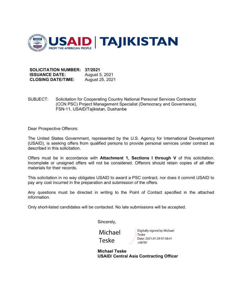 37/2021 Solicitation for Cooperating Country National Personal Services Contractor Project Management Specialist (Democracy and