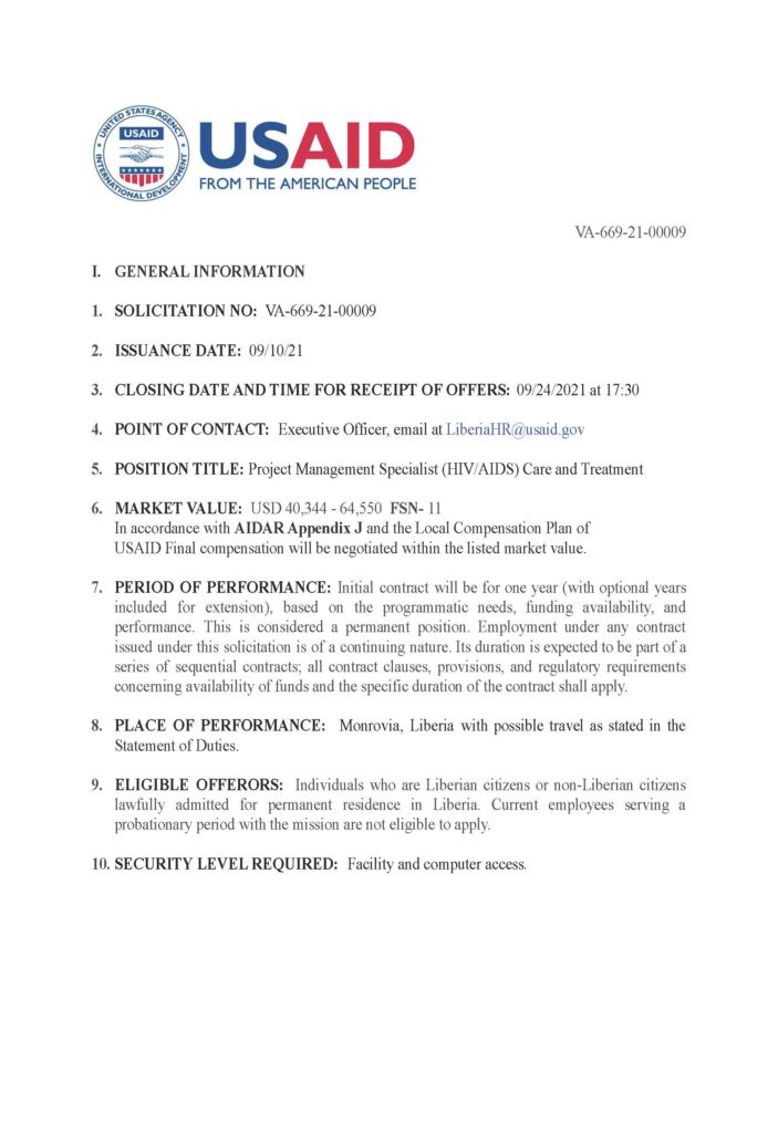 Project Management Specialist (HIV/AIDS) Care and Treatment