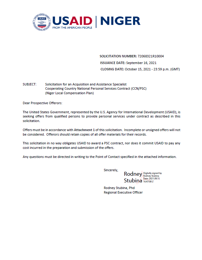Solicitation - Acquisition & Assistance Specialist USAID/Niger