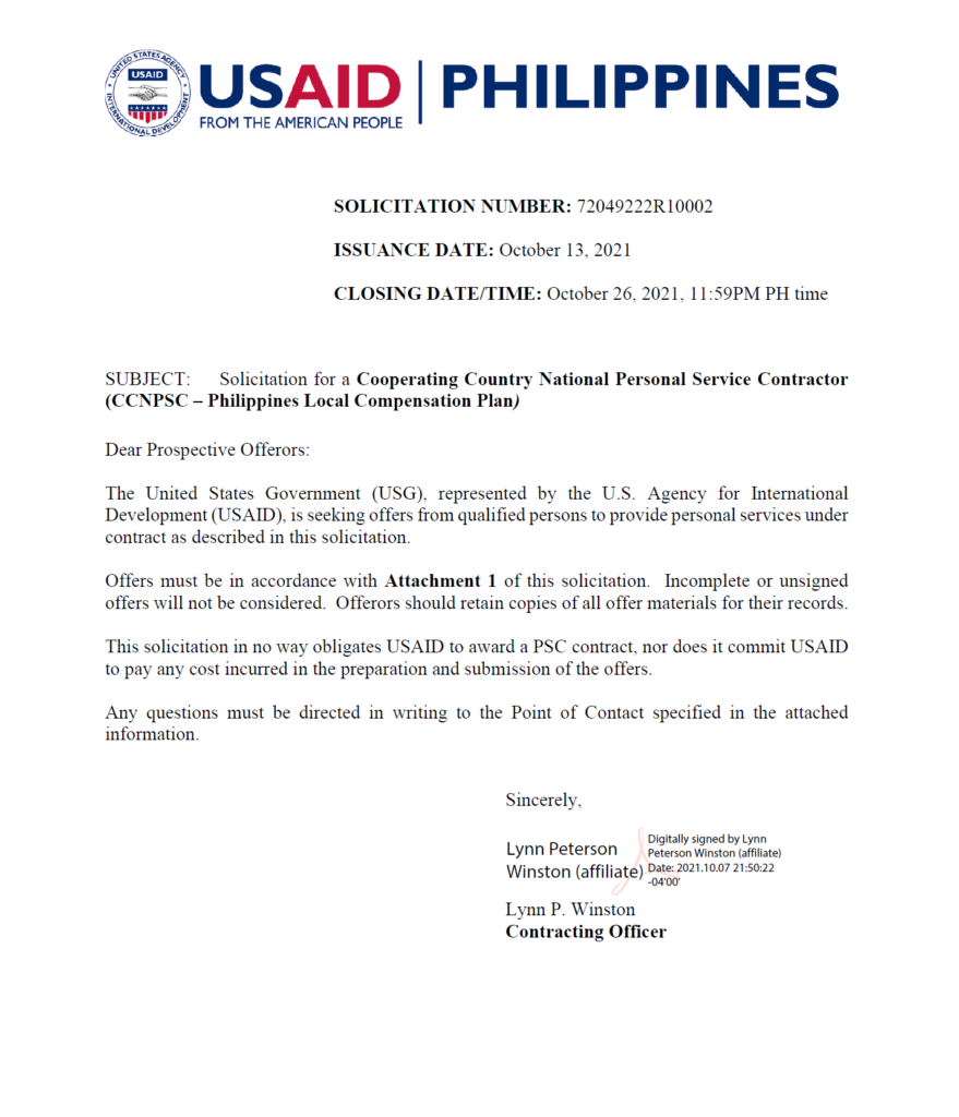 Sol.No. 72049222R10002: Project Management Specialist (Regional Energy and Climate Change), FSN 10