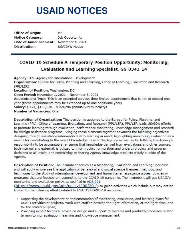 COVID-19 Schedule A Temporary Position Opportunity: Monitoring, Evaluation and Learning Specialist, GS-0343-14